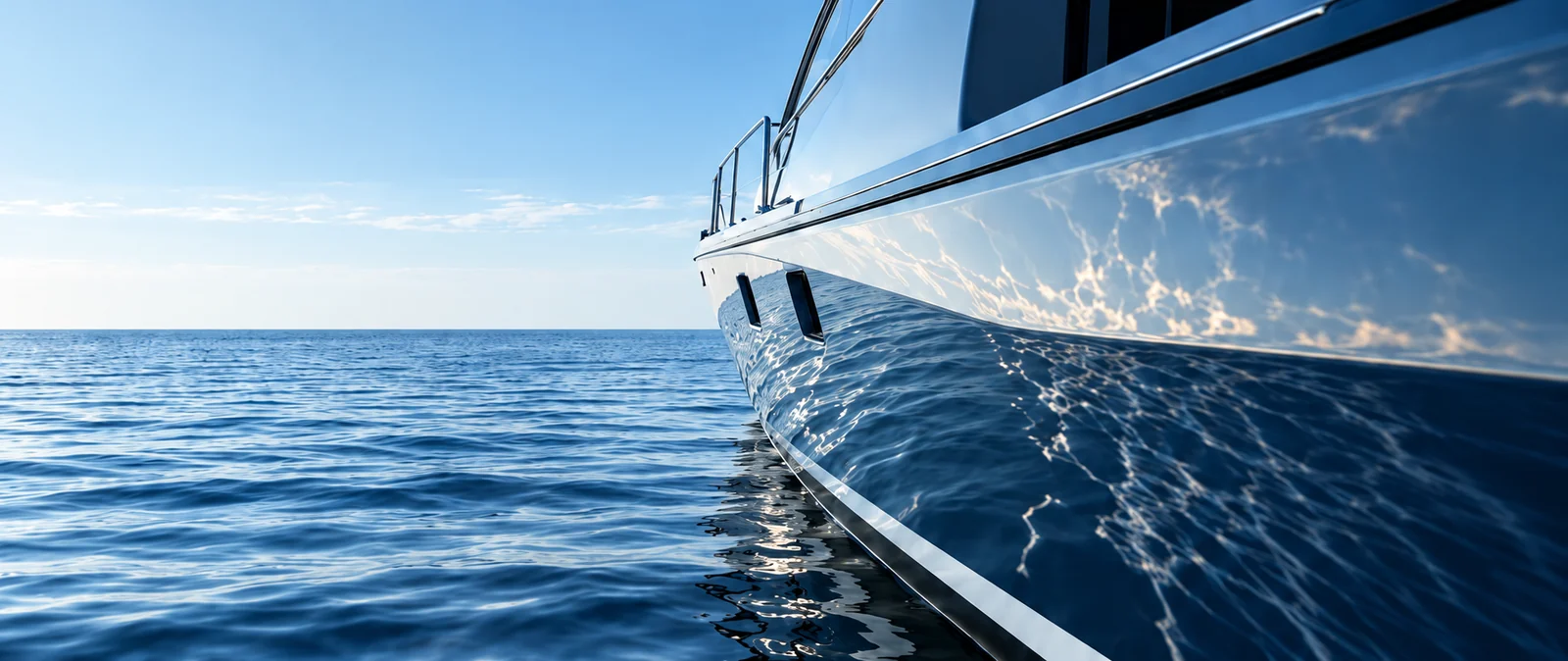 Yacht hull reflecting the surrounding water