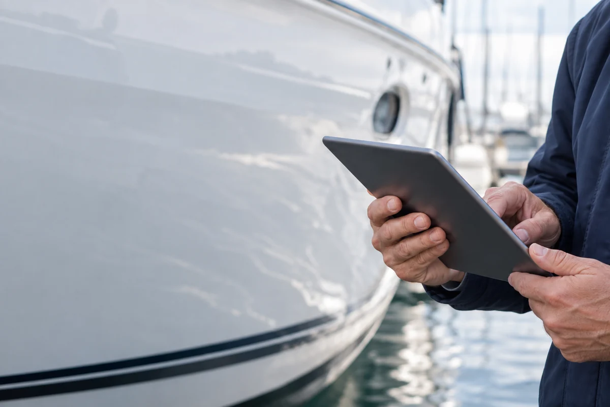 Hands holding a tablet beside a yacht hull
